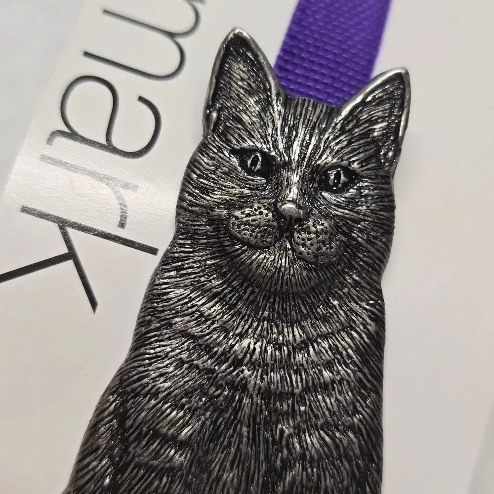 Pewter Cat & Fish Bookmark with Purple Ribbon Perfect Pet NWT